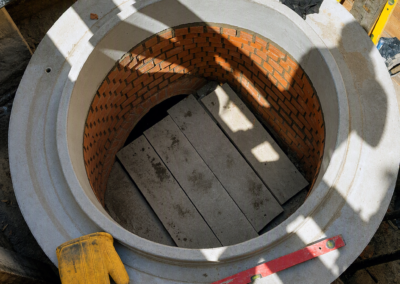 Runder Betonschacht mit Ziegelinnenwand auf einer Baustelle, umgeben von Holzverschalung, mit gelbem Handschuh und rotem Wasserwaagenwerkzeug darauf